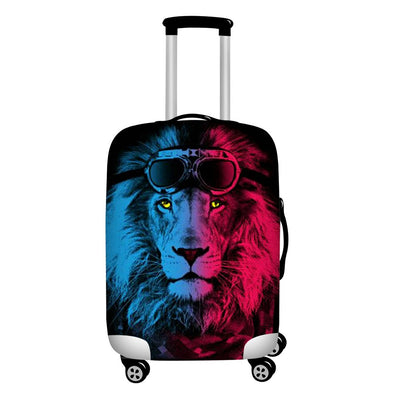 Suitcase cover lion in blue and pink color and wearing sunglasses