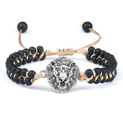 bracelet woven leather lion silver