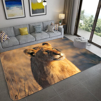 rug lioness admires the savannah