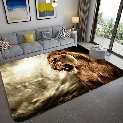 rug lioness makes a threatening roar