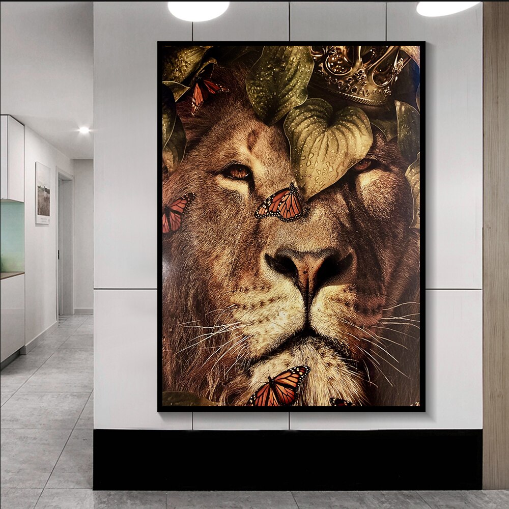 wall art lion crowned and surrounded by orange butterfly