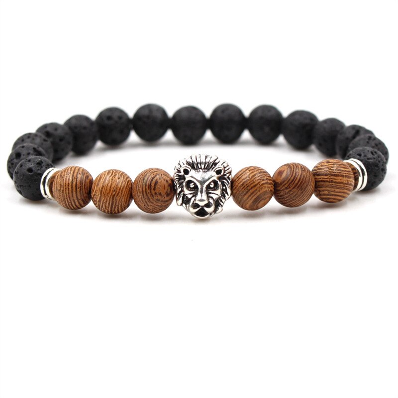 bracelet silver lion head with wood look bead and rough matte black bead