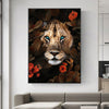 wall art lioness surrounded by butterfly and orange roses