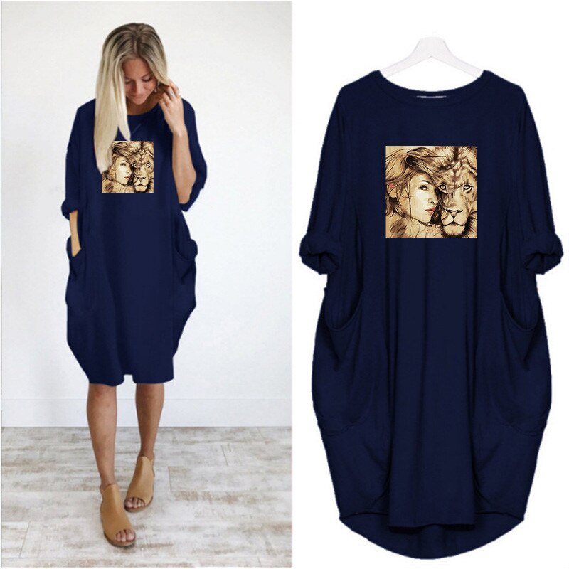 dress blue with a flocking of a woman and a lion