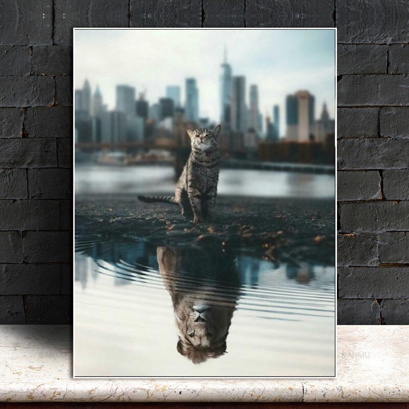wall wart of a cat seeing its reflect turn into a lion in a puddle