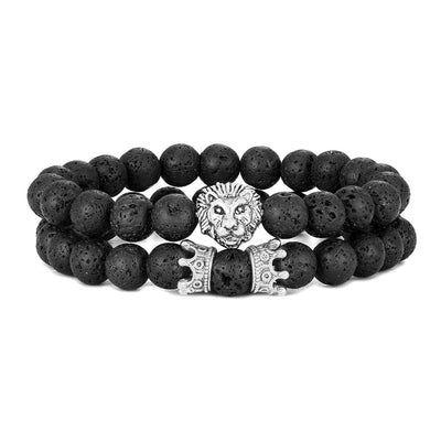 bracelet black rough with lion head and silver crown