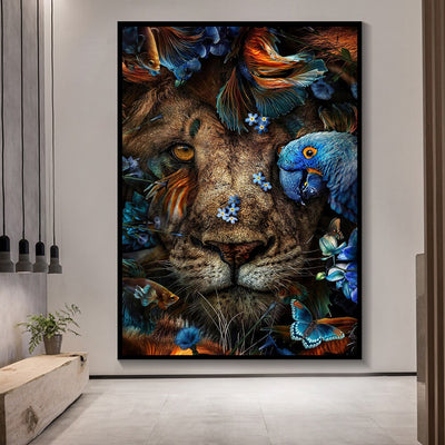 wall art lion surrounded by parrot and blue butterfly