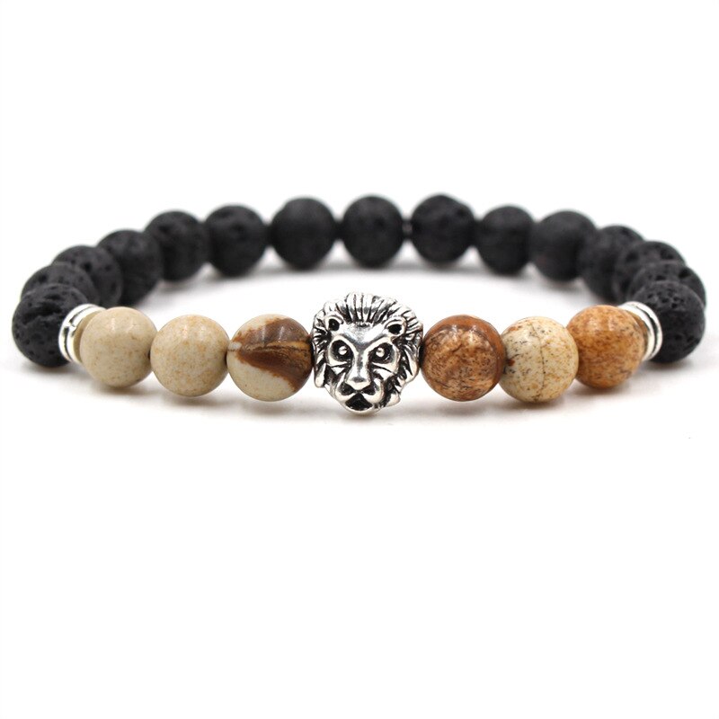 bracelet lion head silver and rough matte black bead