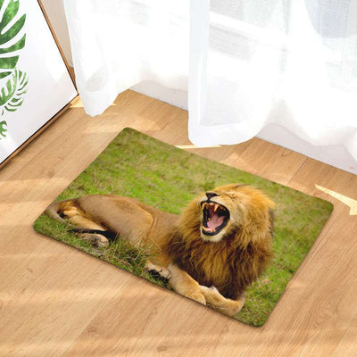 rug lion roaring on grass