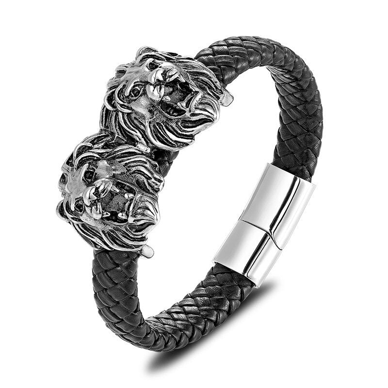 Handmade adjustable black thread metal silver lion head bracelet for women  men  boys 