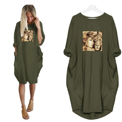 dress dark green with a flock of a woman hugging a lion