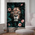 wall art lion surrounded by green leaves and roses