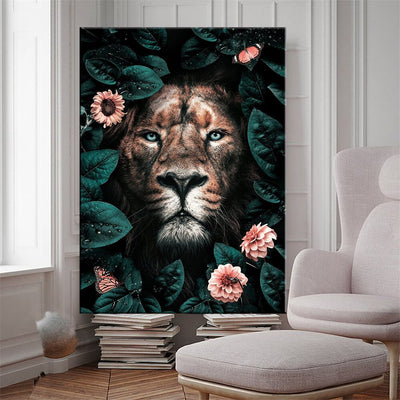 wall art lion surrounded by green leaves and roses