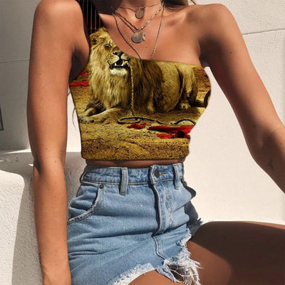 tank top domesticated lion holding in its mouth a saddle